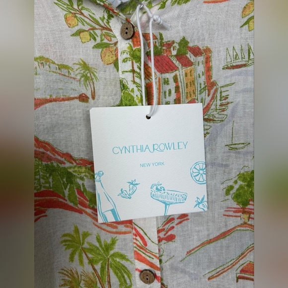 CYNTHIA ROWLEY Linen Surfer Tropical  Beach Camp Cap Sleeve Shirt Dress Size L - Picture 4 of 9